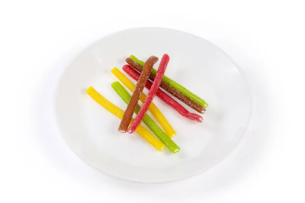 Multicolored Jelly Candies Shape Sticks Sprinkled Sugar White Dish White —  Fotos de Stock