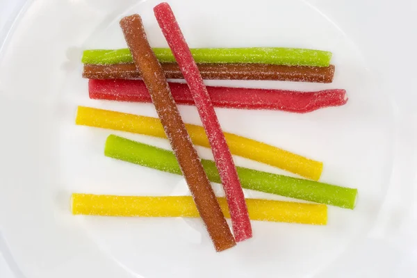 Multicolored Jelly Candies Shape Sticks Sprinkled Sugar White Dish Top — Fotografia de Stock