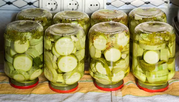 Canned Vegetable Marrow Cut Circles Spices Glass Jars Turned Upside — Foto Stock