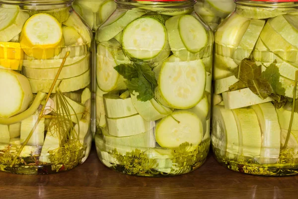 Canned Vegetable Marrow Cut Circles Spices Glass Jars Kitchen Table — Photo
