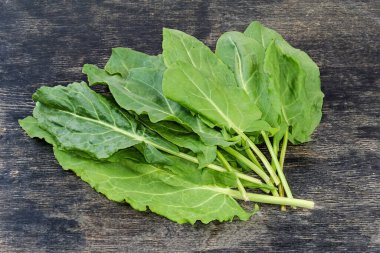 Bunch of the freshly picked leaves of the garden sorrel on a black surface