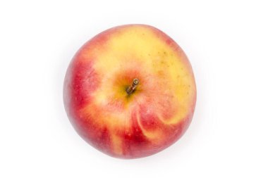 One whole ripe red-yellow apple covered with dew drops on a white background, view from the apple stem side