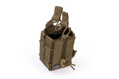 Textile military tactical pouch for two cartridge magazines for fasten to combat unloading vest or bulletproof vest on a white background
