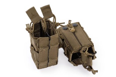 Two textile military tactical pouches for two cartridge magazines for fasten to combat unloading vest or bulletproof vest on a white background