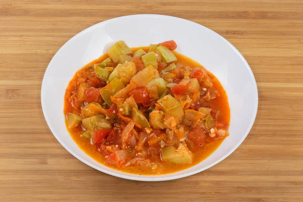 Pieces Vegetable Marrows Stewed Tomatoes Other Vegetables White Bowl Wooden —  Fotos de Stock