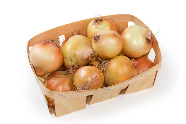Freshly Harvested Dry Bulbs Common Onion Close Small Wooden Basket — Stock Photo, Image