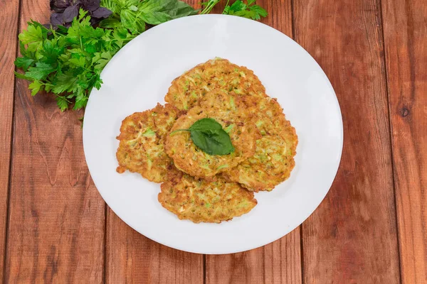 Fried Small Thick Savory Pancakes Made Grated Zucchini Decorated Fresh — 图库照片