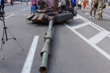 Kyiv, Ukraine - August 22, 2022: Exposition of Russian military equipment destroyed during hostilities in Russian invasion of Ukraine, detached battle tank turret with a gun