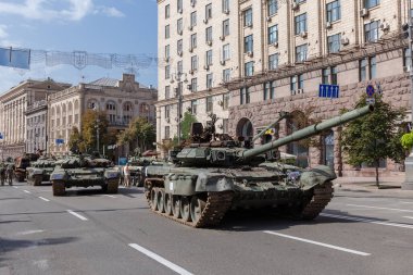 Kyiv, Ukraine - August 22, 2022: Exposition of Russian military equipment destroyed during hostilities in Russian invasion of Ukraine, wrecked battle tanks