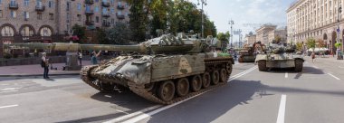 Kyiv, Ukraine - August 22, 2022: Exposition of Russian military equipment destroyed during hostilities in Russian invasion of Ukraine, wrecked battle tanks