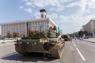 Kyiv, Ukraine - August 22, 2022: Exposition of Russian military equipment destroyed during hostilities in Russian invasion of Ukraine, wrecked battle tank