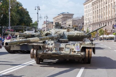 Kyiv, Ukraine - August 22, 2022: Exposition of Russian military equipment destroyed during hostilities in Russian invasion of Ukraine, wrecked battle tank