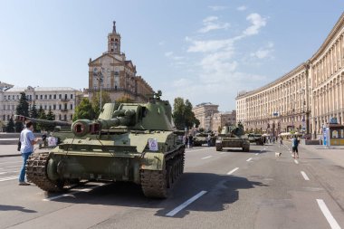 Kyiv, Ukraine - August 22, 2022: Exposition of Russian military equipment destroyed in Russian invasion of Ukraine, wrecked self-propelled howitzers and battle tanks