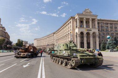 Kyiv, Ukraine - August 22, 2022: Exposition of Russian military equipment destroyed in Russian invasion of Ukraine, wrecked self-propelled howitzers