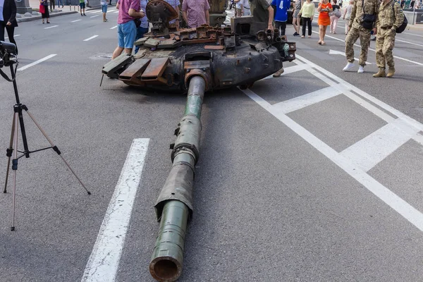 Kyiv Ukraine August 2022 Exposition Russian Military Equipment Destroyed Hostilities — Foto de Stock