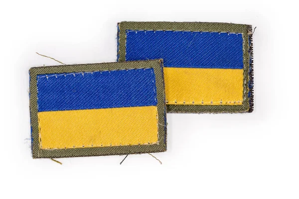 Two Textile Ukrainian Flag Sticker Hook Loop Fasteners Close White — ストック写真