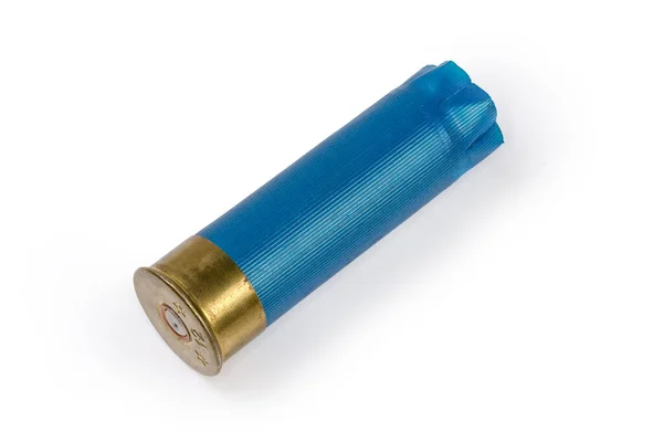 Spent Shotgun Shell Gauge Brass Base Blue Plastic Hull White — Fotografia de Stock