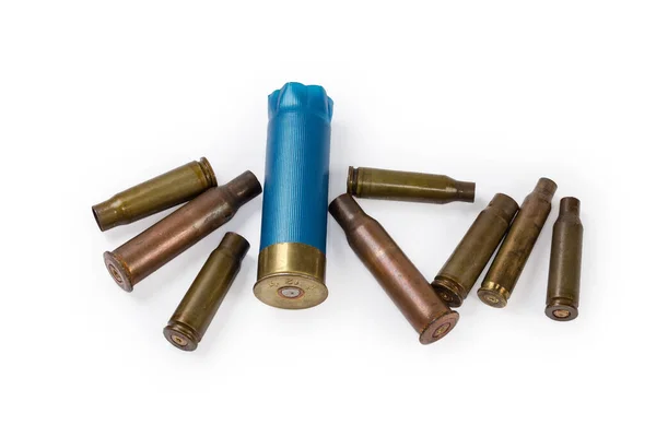 Spent Shotgun Shell Gauge Brass Base Blue Plastic Hull Spent — Fotografia de Stock