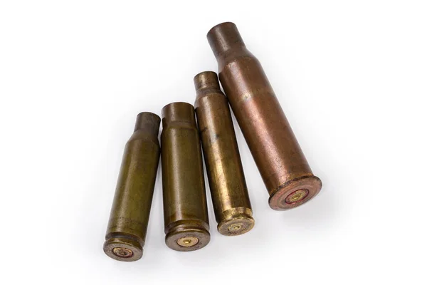 Spent Cartridge Cases Different Calibers Assault Rifles Close White Background — Stok fotoğraf