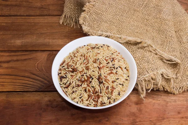 Mixture Raw Long Grained Brown Red Black Rice White Bowl — Stock Photo, Image