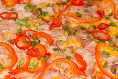 Farklı etlerle pişirilmiş baharatlı pizza, kırmızı biber, dolmalık biber, tatlı mısır, seçici odak noktasında yakın plan.