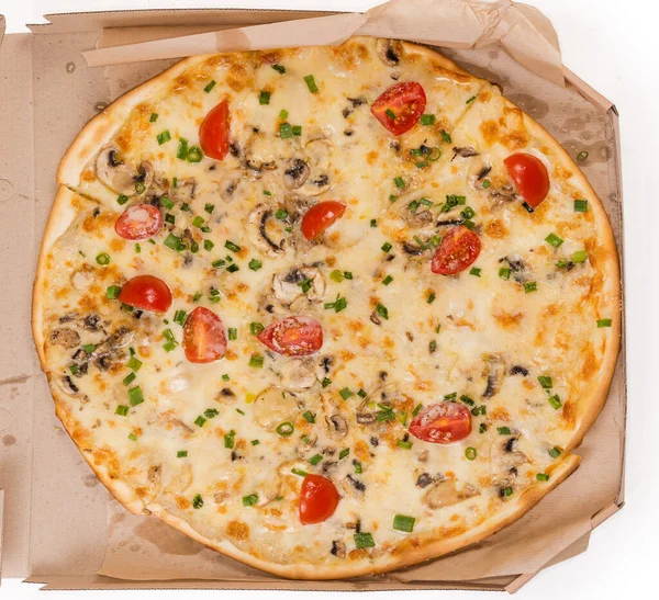 Kokt Hela Runda Pizza Med Kött Svamp Körsbär Tomater Öppen — Stockfoto