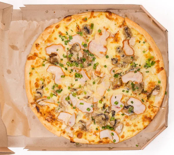 Kokt Hela Runda Pizza Med Skinka Och Annat Kött Och — Stockfoto