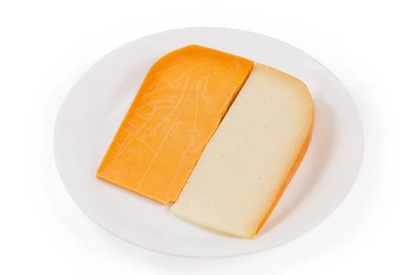 Deux Morceaux Fromage Semi Dur Différents Forme Segments Sur Plat — Photo