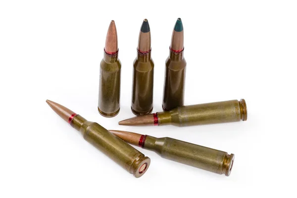 Service Cartridges Assault Rifle Different Purposes White Background Close — Stock Photo, Image