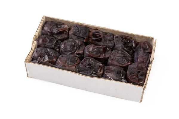 Soft Dark Date Fruits Packaging Form Small Cardboard Box White — Stock Photo, Image