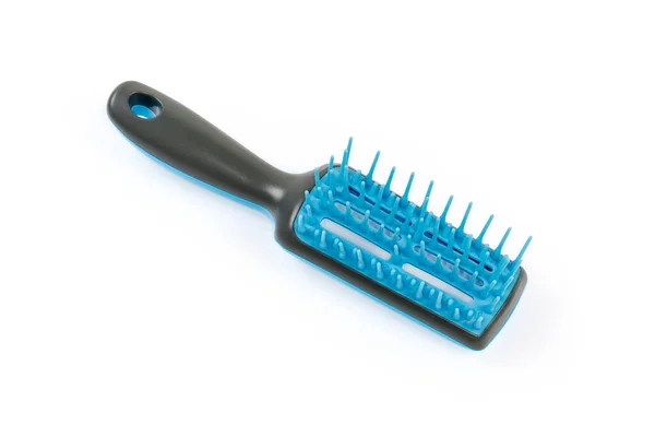 Brosse Cheveux Avec Poils Éventés Plastique Bleu Sur Fond Blanc — Photo