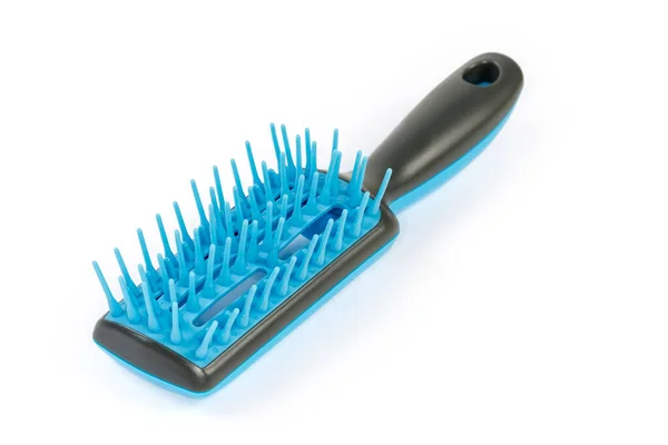 Vented Hairbrush Blue Plastic Bristles White Background Close Selective Focus — Stock Photo, Image