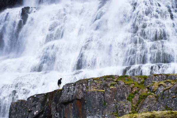 Small Silhouette Boy Front Immensity Dynjandi Waterfall Iceland — стокове фото