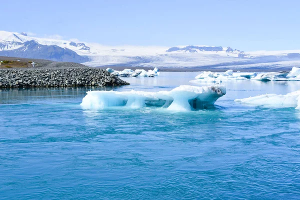 Some Glacier Icebergs Moving Sea Snow Capped Mountains Background Iceland — 图库照片