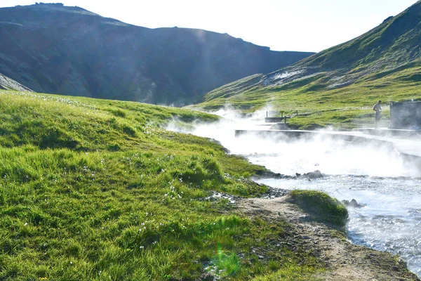 Landscape White Smoke Air Warm Geothermal River Flowing Mountains Iceland — 스톡 사진