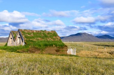 Small house with grass-covered roof as a thermal insulator - Viking tradition of Iceland where houses are built with grass-covered roofs