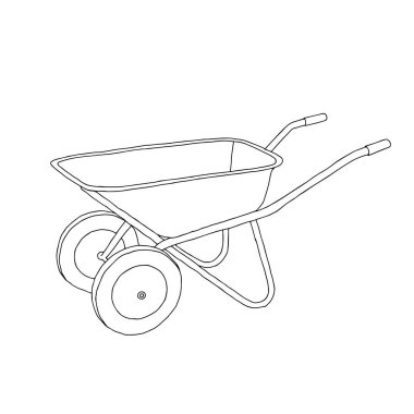 Beyaz arka planda izole edilmiş bahçe işleri için sapları olan güzel bir metal kamyonun el çizimi siyah vektör çizimi.