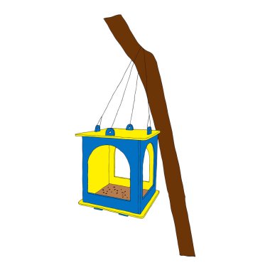 Sarı ve mavi el çizilmiş vektör çizimi bir kuş evi ya da sincap evi yeni tahtalardan beyaz arka planda izole edilmiş ormandaki kahverengi bir ağaçta asılı.