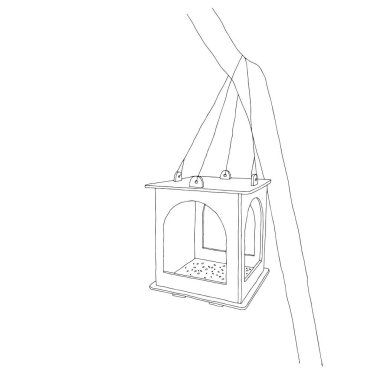 Kara El, beyaz arka planda izole edilmiş ormandaki yeni tahtalardan bir kuş evi ya da sincap evi tasviri çizdi..