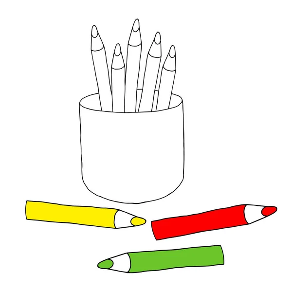 Krásný Ručně Kreslený Vektor Ilustrace Skupiny Barevných Tužek Kalíšku Izolované — Stockový vektor
