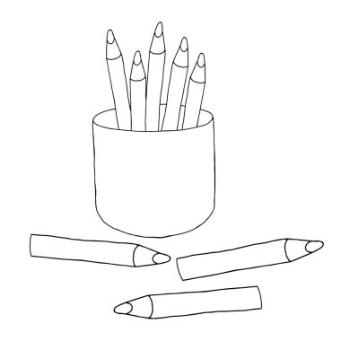 Çocuklar için boyama kitabı için beyaz bir arka planda izole edilmiş bir bardaktaki bir grup kalemin el çizimi güzel bir vektör çizimi