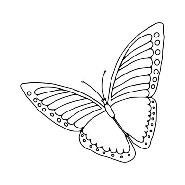 Bir kelebeğin el çizimi bir siyah vektör çizimi beyaz arka planda uçuyor.