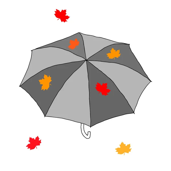白地にオレンジのカエデの葉が孤立した傘の美しい手描きのグレーのファッションベクトルイラスト — ストックベクタ