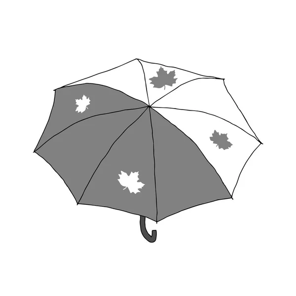 Hermosa ilustración vectorial de moda gris y blanca dibujada a mano de un paraguas con hojas de arce aisladas sobre un fondo blanco — Vector de stock