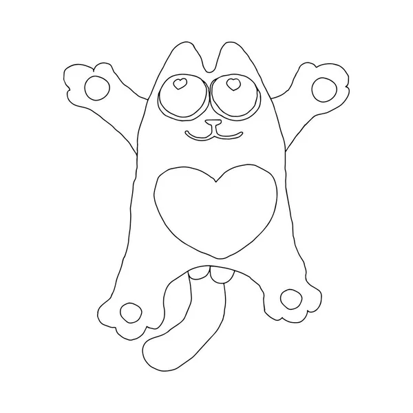 Illustration vectorielle noire dessinée à la main un portrait d'un beau jeune chat adulte amusant avec de grands yeux aimants et un cœur isolé sur un fond blanc — Image vectorielle