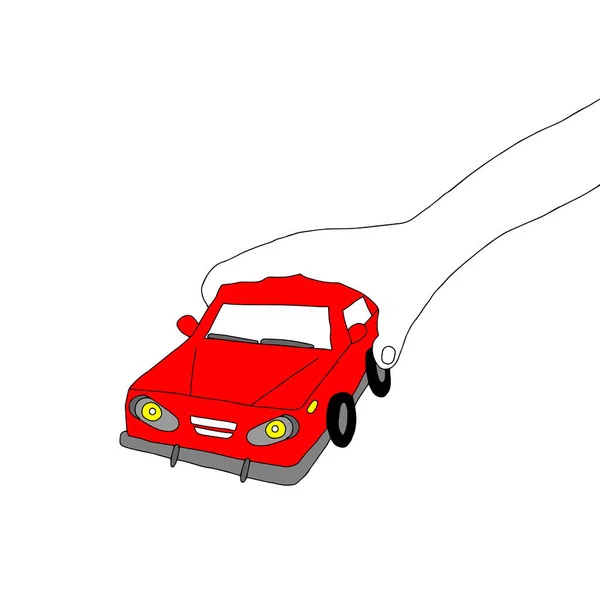 Hermosa ilustración vectorial negro dibujado a mano de coche de juguete rojo en la mano de los niños aislados en un fondo blanco para colorear libro para niños — Archivo Imágenes Vectoriales