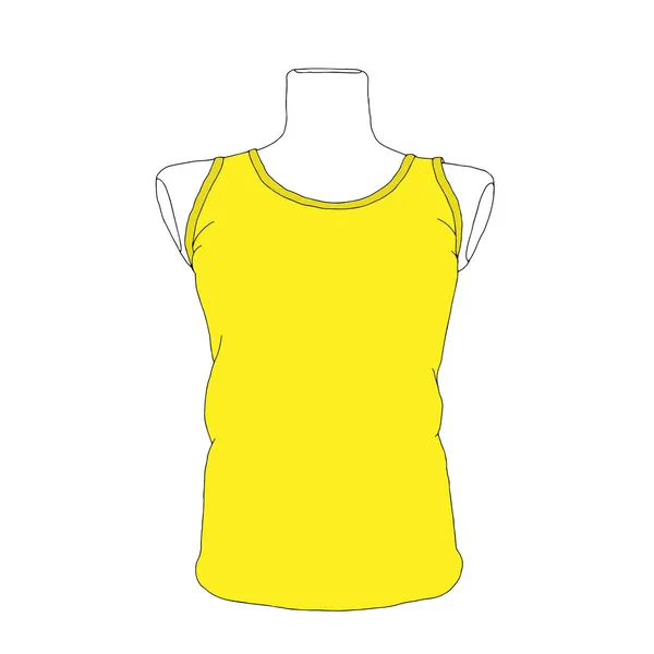 Bella illustrazione vettoriale di moda disegnata a mano di t-shirt gialla senza maniche per uomini e donne su un manichino isolato su uno sfondo bianco — Vettoriale Stock