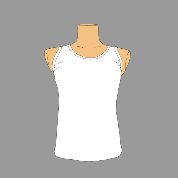Bella illustrazione vettoriale di moda disegnata a mano di una t-shirt bianca senza maniche per uomini e donne su manichino arancione isolato su uno sfondo grigio — Vettoriale Stock