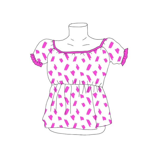 Hermosa ilustración vectorial de moda dibujada a mano de una camisa ladys con patrón rosa para niñas y mujeres sobre un maniquí aislado sobre un fondo blanco — Archivo Imágenes Vectoriales