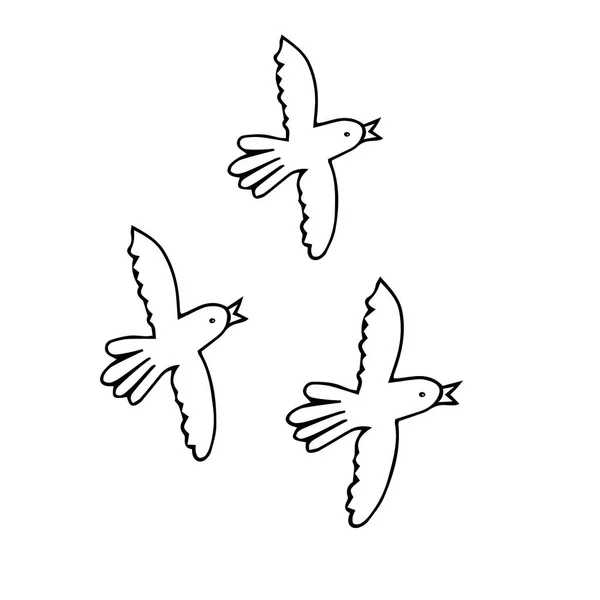 一组鸽子的手工绘制的黑色矢量图以白色背景飞行 — 图库矢量图片